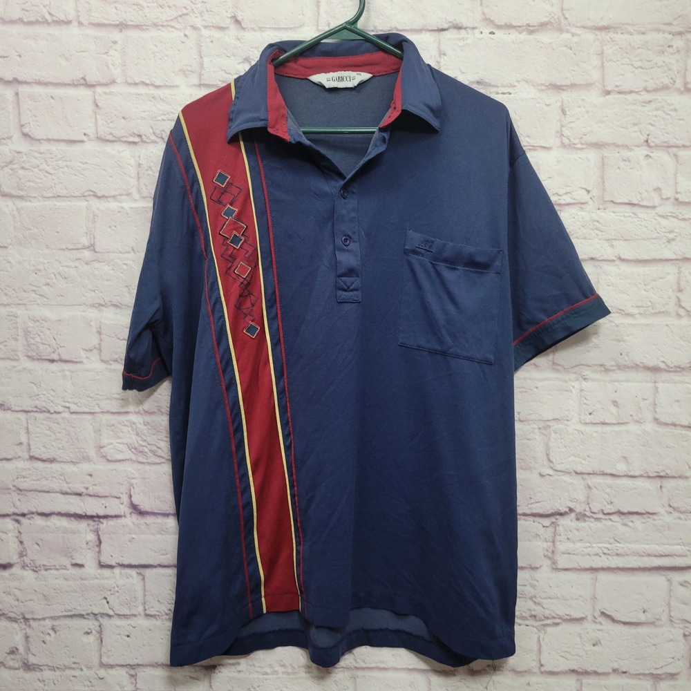 Vintage Gabicci Golf Polo Shirt Mens XL Retro Geometric‎ Diamond Stripe Blue Red